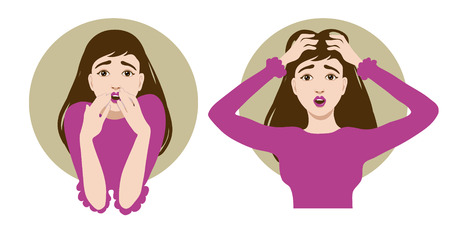 Two images of a scared cartoon young woman, one clutches her head in horror, another closes her mouth with her handsのイラスト素材