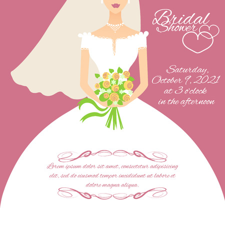 Invitation card with a young bride holding flowers, vector imageのイラスト素材