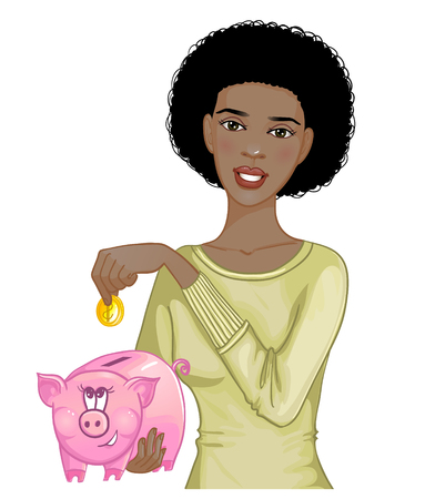 Beautiful african american woman putting coin in cute piggy bank, eps10のイラスト素材