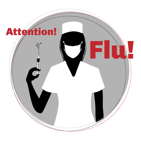 Silhouette of nurse with syringe and with mask warning about epidemic of flu, vector imageのイラスト素材