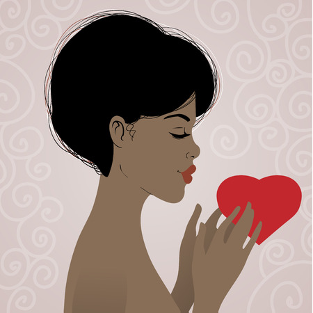 Beautiful african american woman with heart, symbol of love, in hands on background, vector image, eps10のイラスト素材