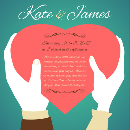 Woman and man hands with heart, symbol of love, on green background, wedding invitation card, vector image, eps10のイラスト素材