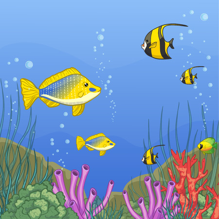 Underwater world with coral reefs and colorful tropical fishes, vector image, eps10のイラスト素材