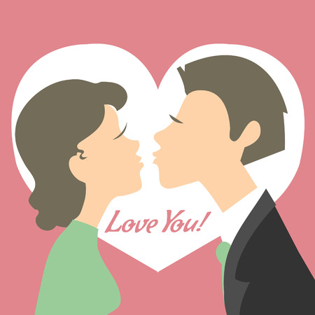 Young kissing couple on the background with heart and text, vector imageのイラスト素材