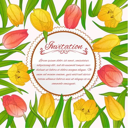 Floral decorative card with yellow and red tulips on background and place for textのイラスト素材