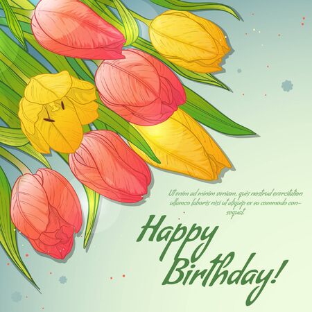 Floral decorative card with red and yellow tulips and place for your textのイラスト素材