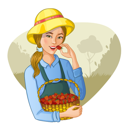 Young woman with basket full of strawberries tastes a berryのイラスト素材