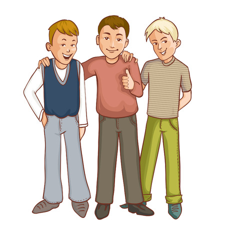 Three happy cartoon boys who support each other, vector image, eps10のイラスト素材