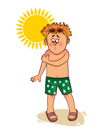 Little cartoon man complains about burn on his skin from the sun, imageのイラスト素材
