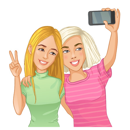 Two cartoon girls making photos of themselves, doing selfie, with smartphoneのイラスト素材