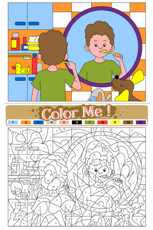 Boy cleans his teeth with tooth-brush in the bathroom looking in the mirror. Color by number, game for children with color example. Vector image.のイラスト素材