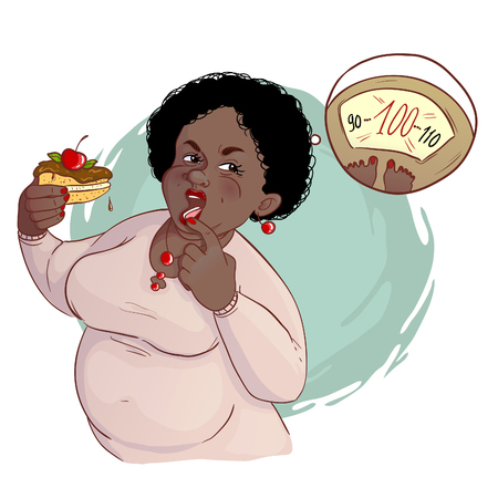 Fat cartoon African American woman with cake in the hand thinking about her big weight and consequence of unhealthy nutrition, eps10, vector imageのイラスト素材