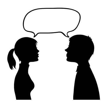 Black silhouette of talking boy and girl with speech bubblesのイラスト素材