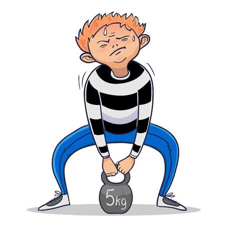Funny cartoon man tries to lift weightのイラスト素材