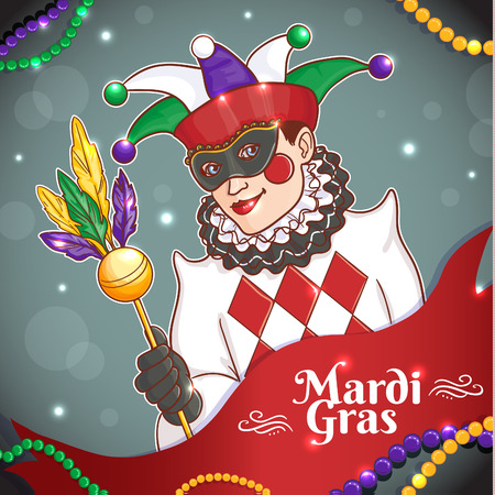 Colorful background with Mardi Gras joker in mask for poster, template, flyer. Vector image, eps10のイラスト素材