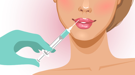 Young woman gets cosmetic injection in her lips in beauty salon.のイラスト素材