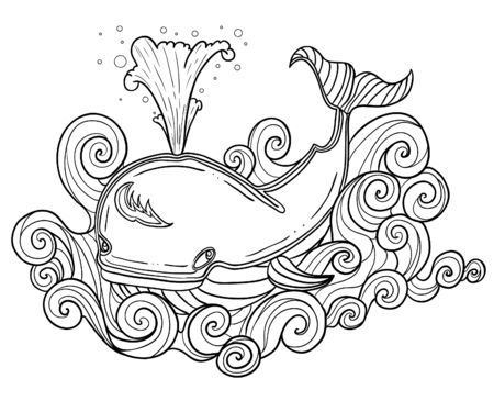 Illustration of decorative whale for coloring, outline, vector imageのイラスト素材