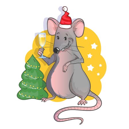 New year card with cartoon funny santa rat, symbol of 2020 year, with champagne on the yellow background with Christmas treeのイラスト素材