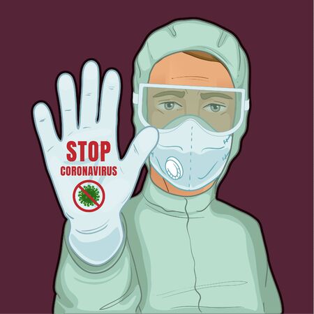 Young man, doctor in protective suit and medical mask makes stop gesture with hand, protecting against coronavirus 2019-nCoV, covid-19. Conceptual vector image, eps10のイラスト素材