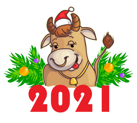 New Year Greeting banner with ox, symbol of 2021 year, vector imageのイラスト素材
