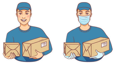 Courier with and without mask carries boxes, delivery service, vector illustrationのイラスト素材