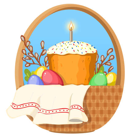 Illustration with Ukrainian Easter Cake and colorful eggs in basket with pussy-willow and green plants, vector image, eps10のイラスト素材