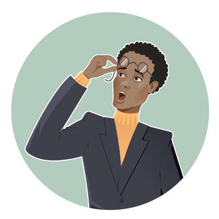 Cartoon shocked African American businessman in glasses on light green blue round background, vector imageのイラスト素材