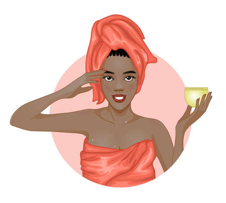 African American beautiful girl in orange towel applying cream on her face, vector imageのイラスト素材