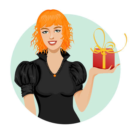 Young beautiful red haired woman in black blouse with a gift box in hand on round light green background, vector illustrationのイラスト素材
