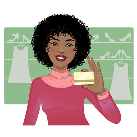 Young African American woman with a credit card on the green background with dresses and shoes, vector imageのイラスト素材