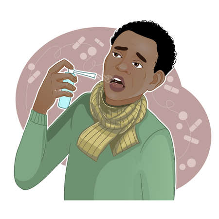 African American man who has cold and uses spray for throat, vector illustration, eps10のイラスト素材