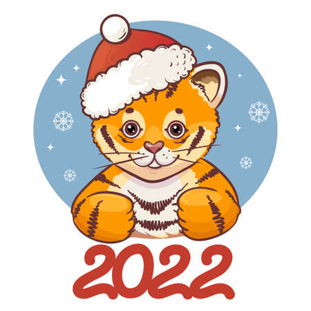 New Year Greeting illustration with Tiger in Santa Claus hat, symbol of 2022 year, vector imageのイラスト素材