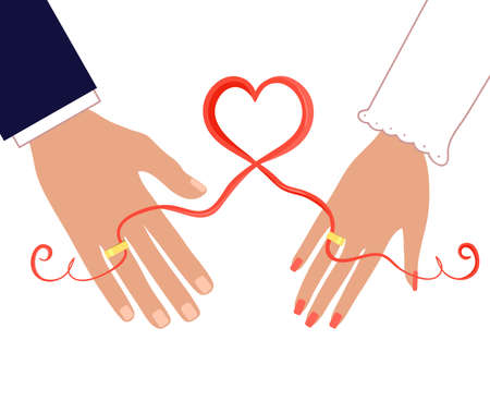 Engagement ceremony, woman and man hands with rings and red ribbon, vector conceptual image, eps10のイラスト素材