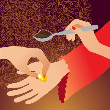 Ceremony at henna night, kina gecesi, a bride becomes coin and spoon of henna on her palm, vector image, eps10のイラスト素材
