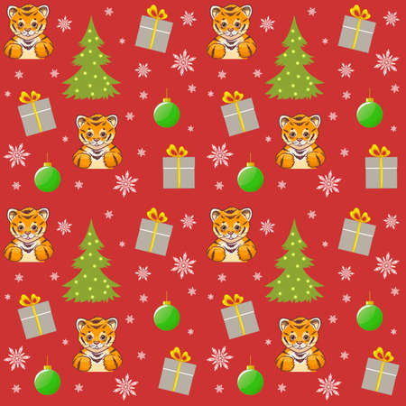 New Year Pattern with Tiger, gifts, snowflakes, christmas tree and ball on red, symbol of 2022 year, vector image, eps10のイラスト素材