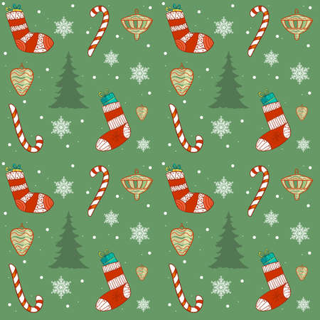 Christmas seamless pattern with socks, new year trees, snowflakes, decoration and gifs. Vector image, eps10のイラスト素材