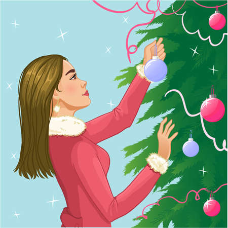 Young woman decorates a christmas tree with balls, eps10, vector imageのイラスト素材