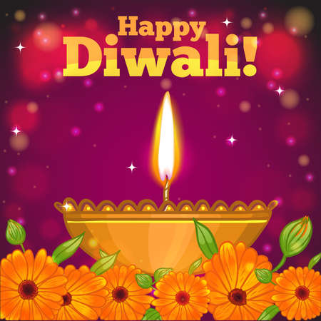 Greeting card for Diwali with diya decoration and calendula flowers, vector imageのイラスト素材