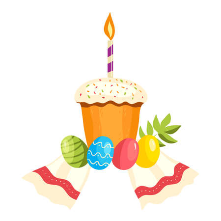 Illustration with Easter Cake with candle and colorful eggs on the background with green branch and traditional national towel, vector imageのイラスト素材