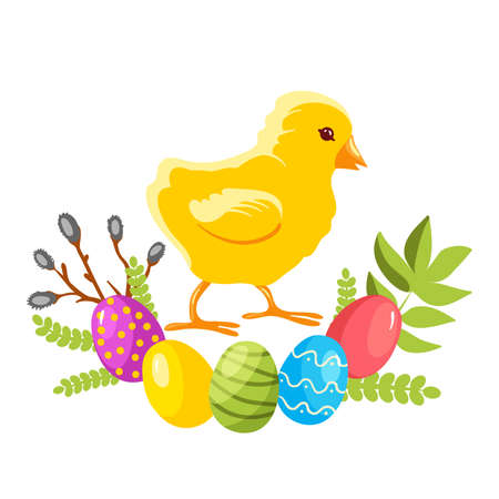 Easter illustration with colorful eggs and chicken with spring green branch, vector illustration, eps10のイラスト素材