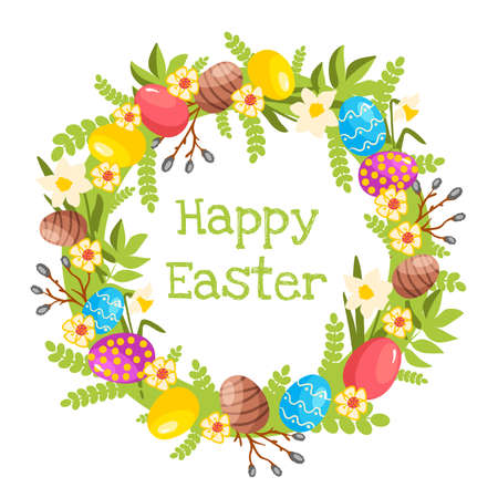 Easter illustration with colorful eggs, spring green branch, flowers and greeting text, vector illustrationのイラスト素材