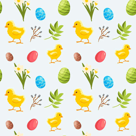 Seamless pattern with Easter elements, eggs, chicken, flowers, spring green branch, pussy-willow, narcissus, vector illustrationのイラスト素材