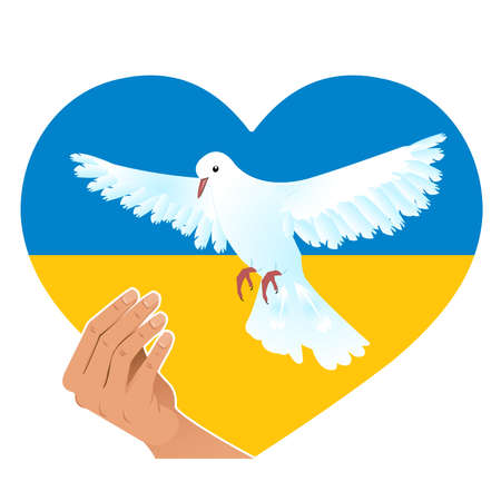 Ukrainian flag as heart symbol with white dove of peace and human hand, conceptual vector illustration, no war.のイラスト素材