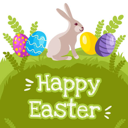 Easter colorful card with eggs, rabbit on the spring landscape background and greeting text, vector illustration, eps10のイラスト素材