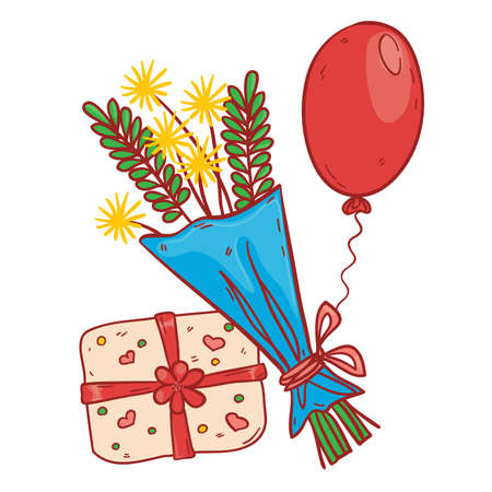 Birthday gift with flowers and balloon, vector illustration, eps10のイラスト素材
