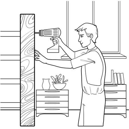 Man working with drill at home, vector outline illustration for coloring, isolated on white backgroundのイラスト素材