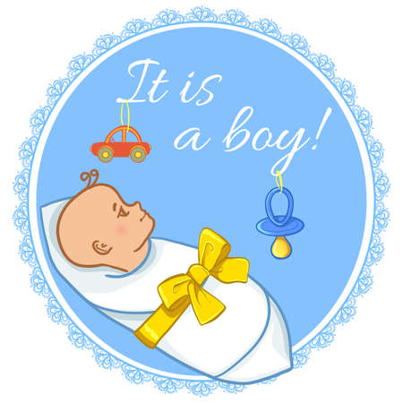 Baby greeting blue label for boy with pacifier and car, vector illustrationのイラスト素材