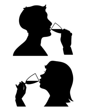 Woman and man drinking alcohol from the glass, vector cartoon black profile silhouette illustrationのイラスト素材