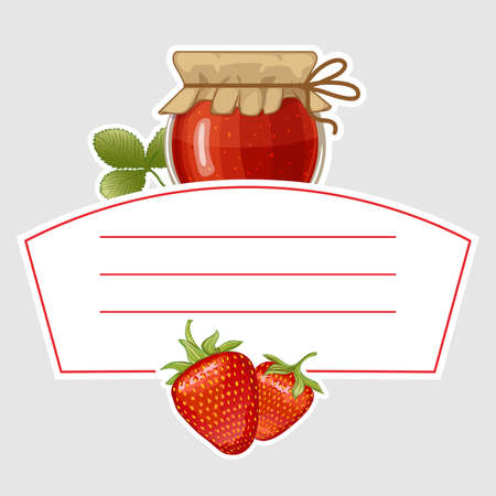 Label for strawberry jam with jar, fresh berries and place for text, vector illustrationのイラスト素材