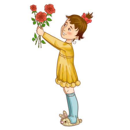 Little girl gives bouquet of roses, vector illustration isolated on whiteのイラスト素材
